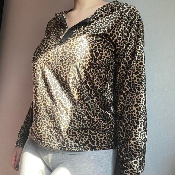 Vintage Leopard print velvet button collared v neck long sleeve top size small - Picture 1 of 7